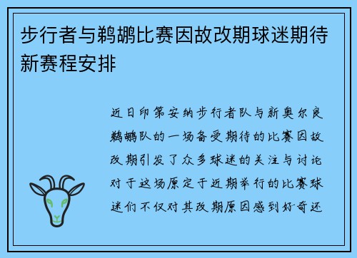 步行者与鹈鹕比赛因故改期球迷期待新赛程安排