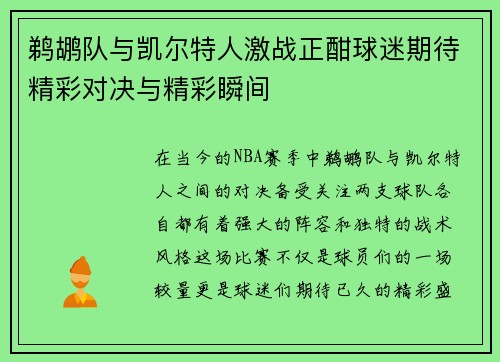 鹈鹕队与凯尔特人激战正酣球迷期待精彩对决与精彩瞬间
