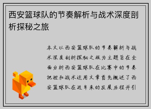 西安篮球队的节奏解析与战术深度剖析探秘之旅